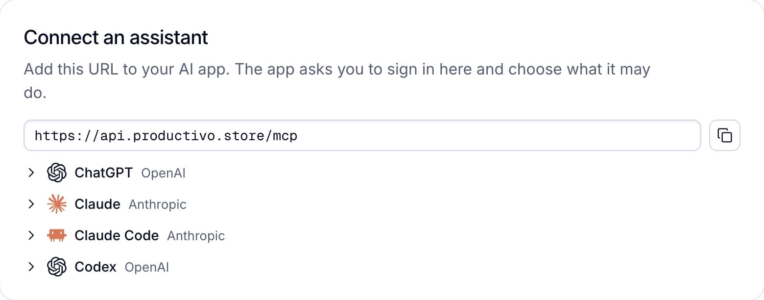 Connect an assistant: the address https://api.productivo.store/mcp, with steps for ChatGPT, Claude, Claude Code and Codex.