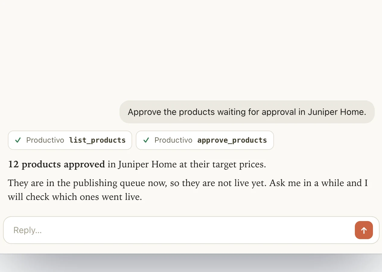 An assistant approving 12 products in Juniper Home: they join the publishing queue and are not live yet.