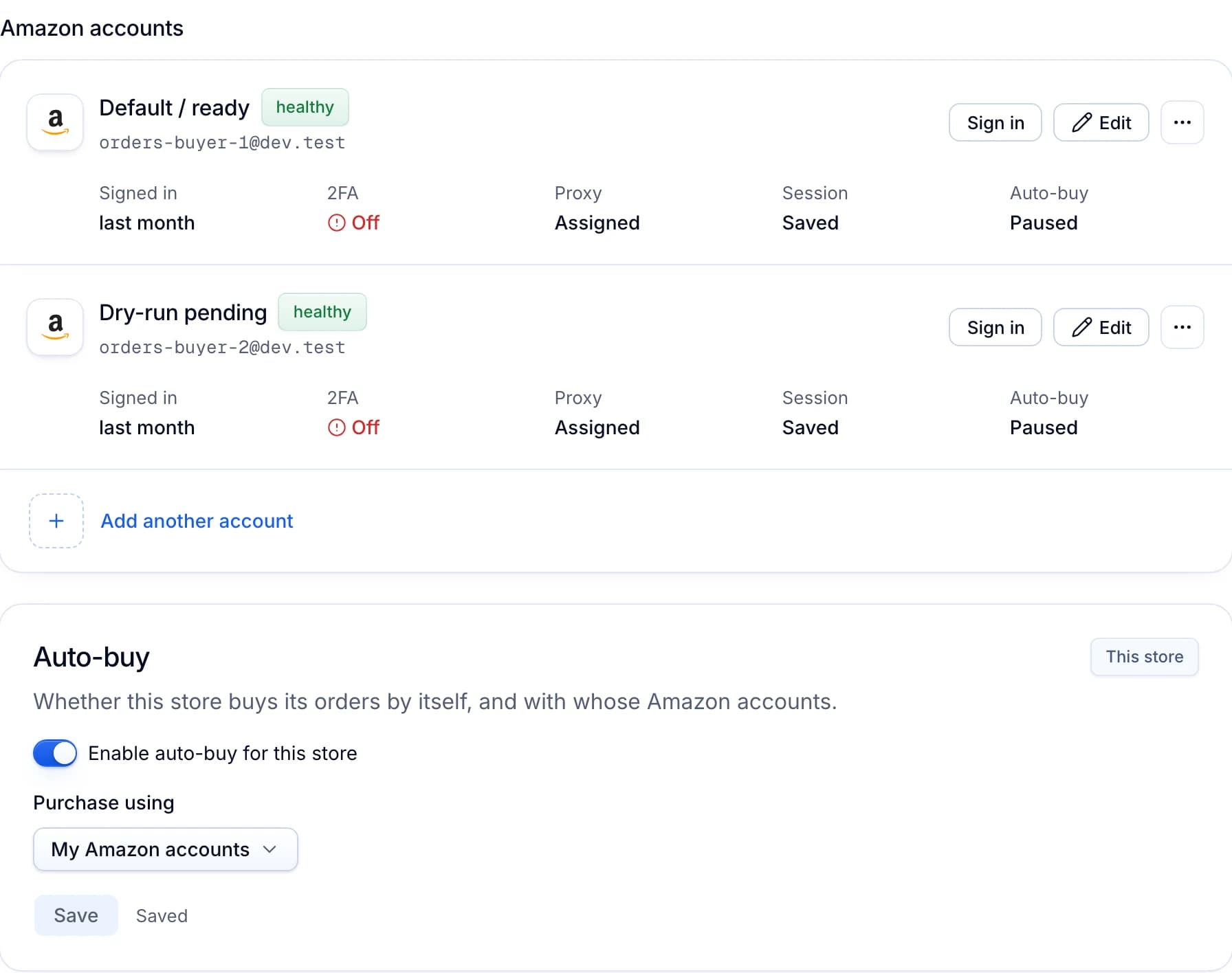 Settings › Purchase: two connected Amazon accounts, and auto-buy switched on for this store.