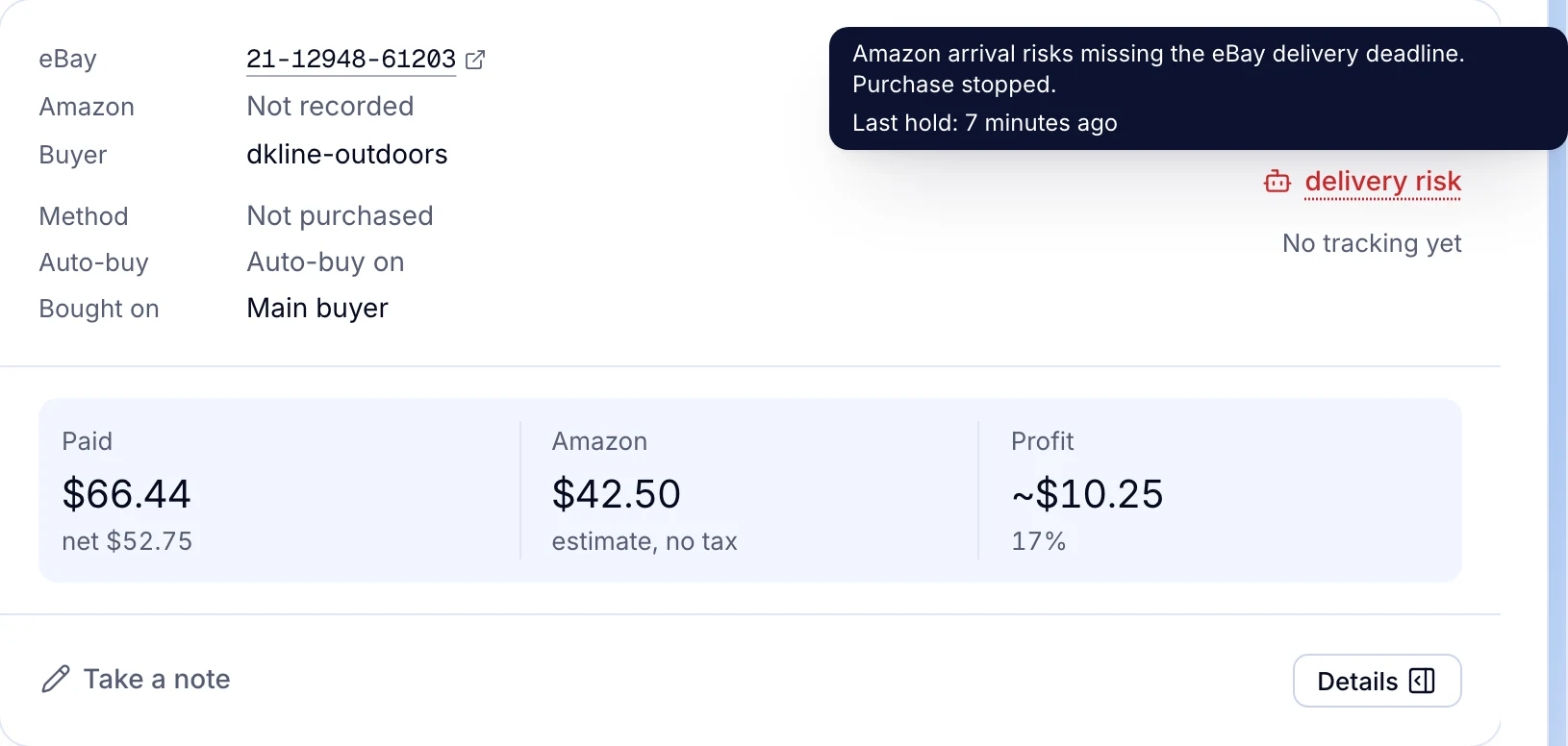 An order held by auto-buy for delivery risk: Amazon’s arrival would miss the eBay delivery deadline, so nothing was bought.