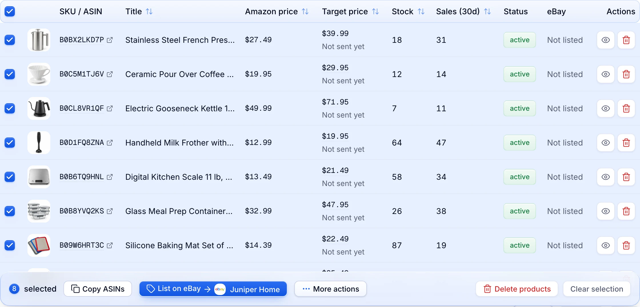 Eight products selected, and List on eBay to the Juniper Home store.