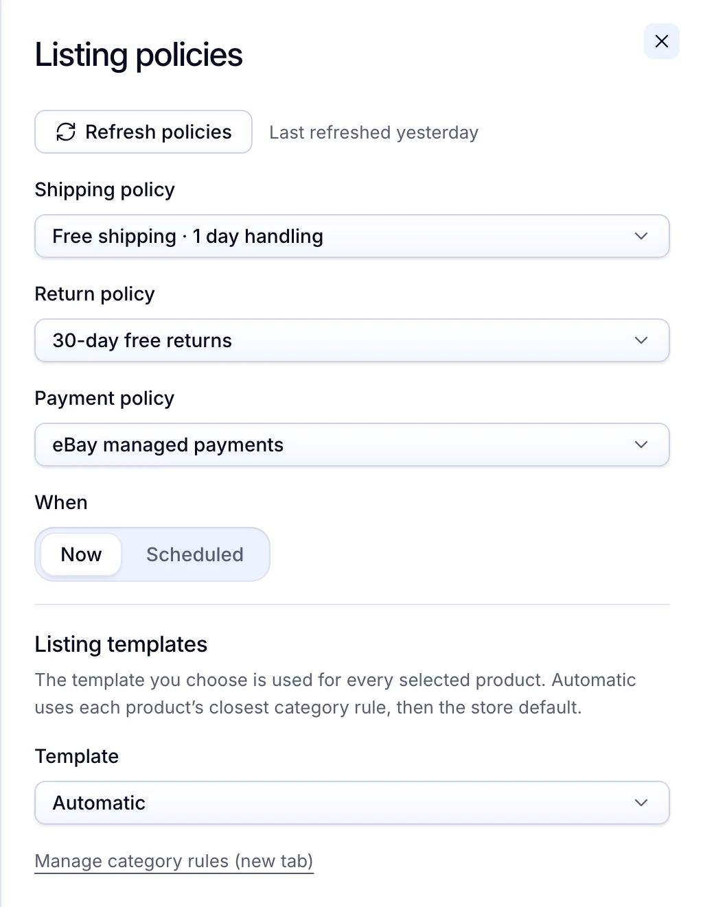 The Listing policies panel: free shipping with 1-day handling, 30-day free returns, Now or Scheduled, and an automatic template.