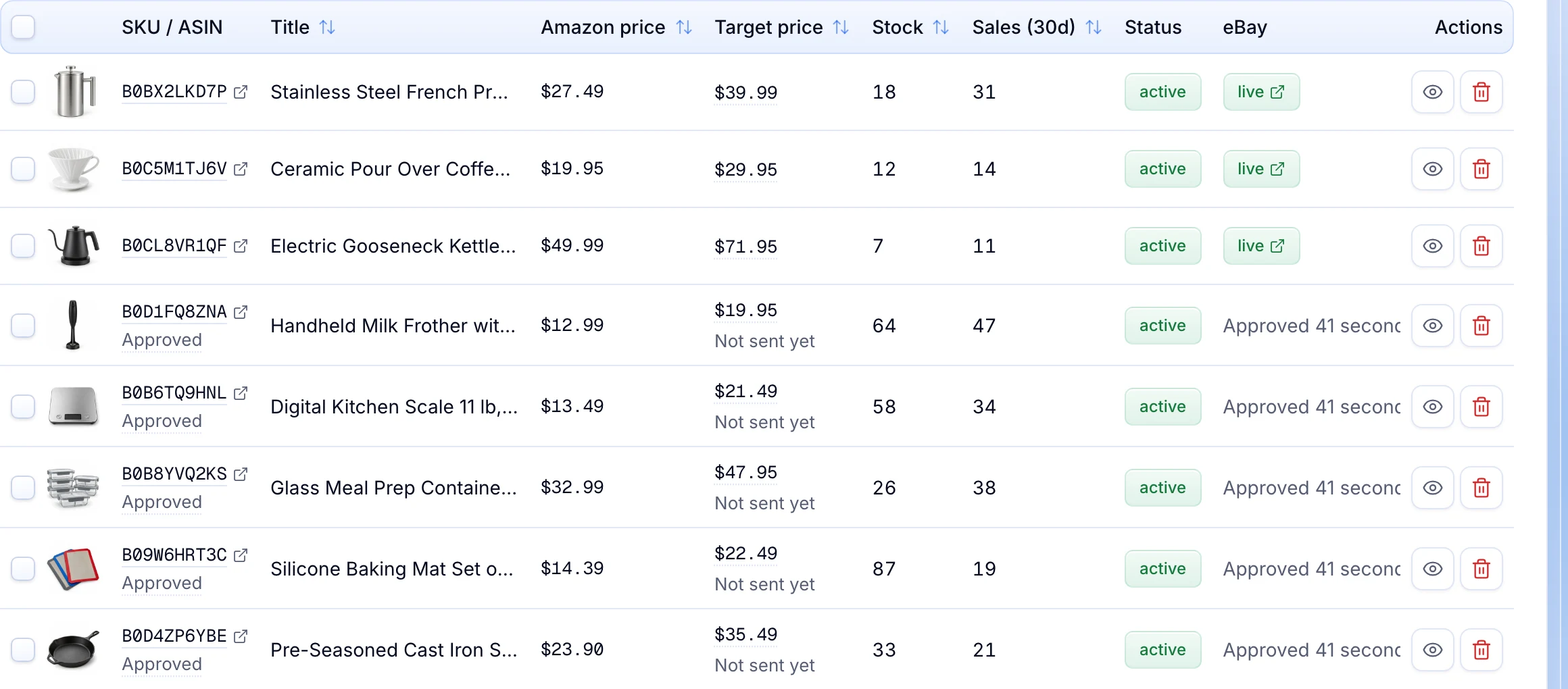 Products after listing: three live on eBay, five approved and waiting for the next run.
