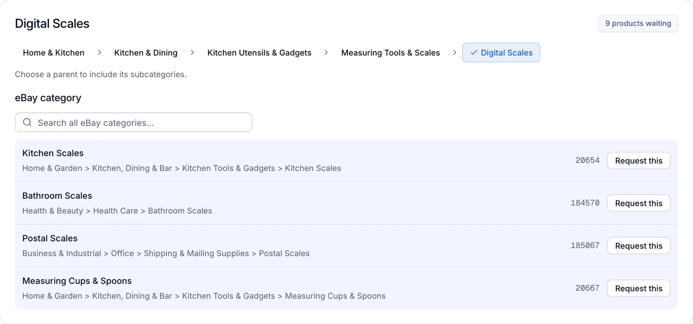 The Amazon category Digital Scales, with 9 products waiting and four eBay options, Kitchen Scales first.