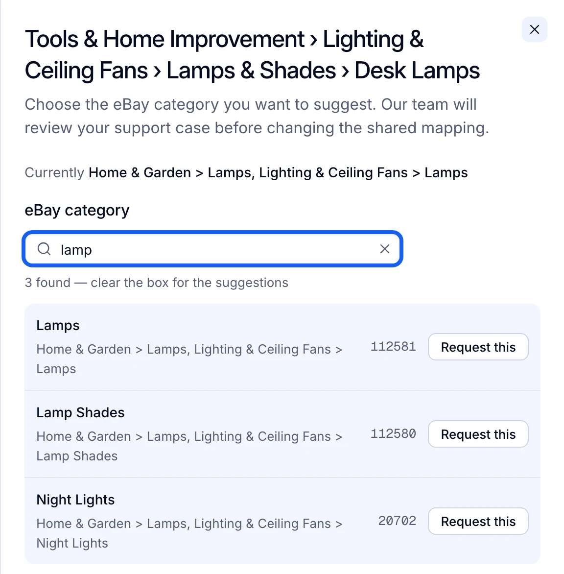 Request change for the Desk Lamps match, now Lamps: three eBay categories found for “lamp”, each with Request this.