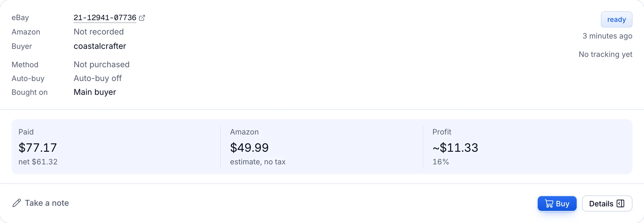 An electric gooseneck kettle order in Orders, about $11.33 profit expected, with its Buy button.
