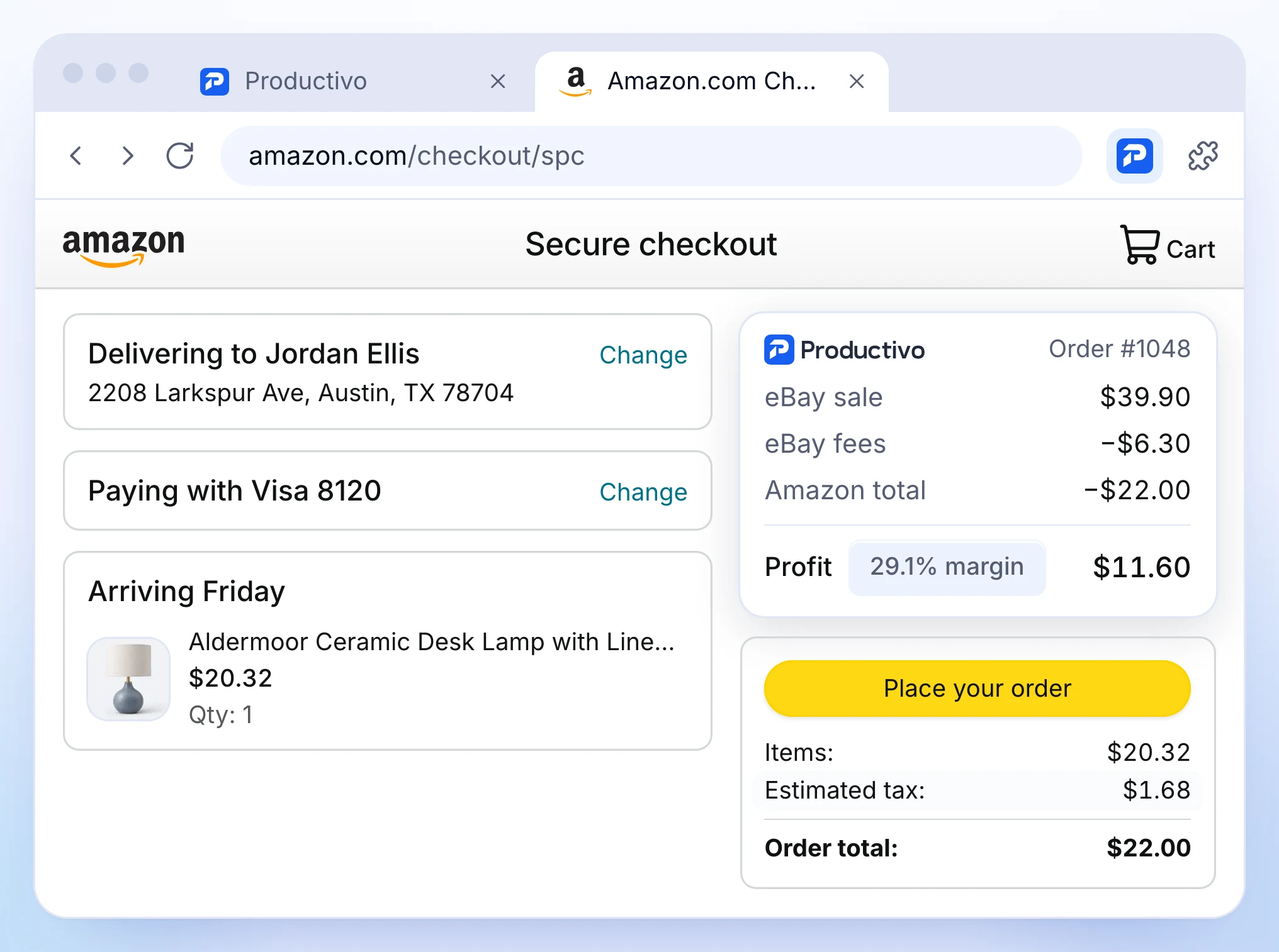 Amazon’s checkout in Chrome with Productivo’s panel beside Place your order: eBay sale $39.90, eBay fees $6.30, Amazon total $22.00 and $11.60 profit.