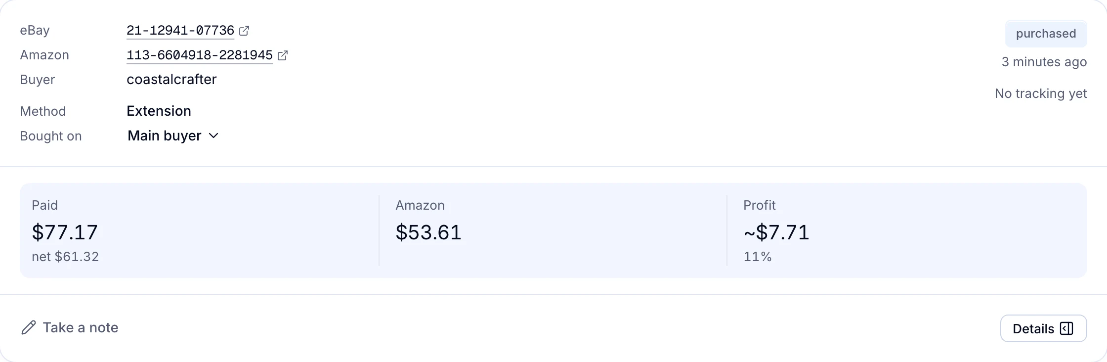 The kettle order bought with the extension: Amazon order 113-6604918-2281945, $53.61 cost and about $7.71 profit.