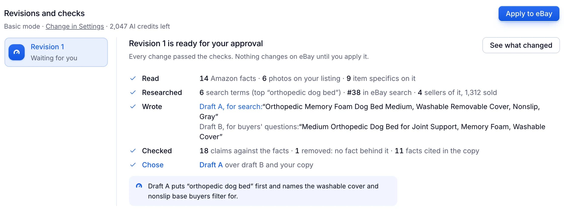 A revision ready for approval: 14 Amazon facts read, 6 search terms researched, two drafts written, 18 claims checked and draft A chosen.
