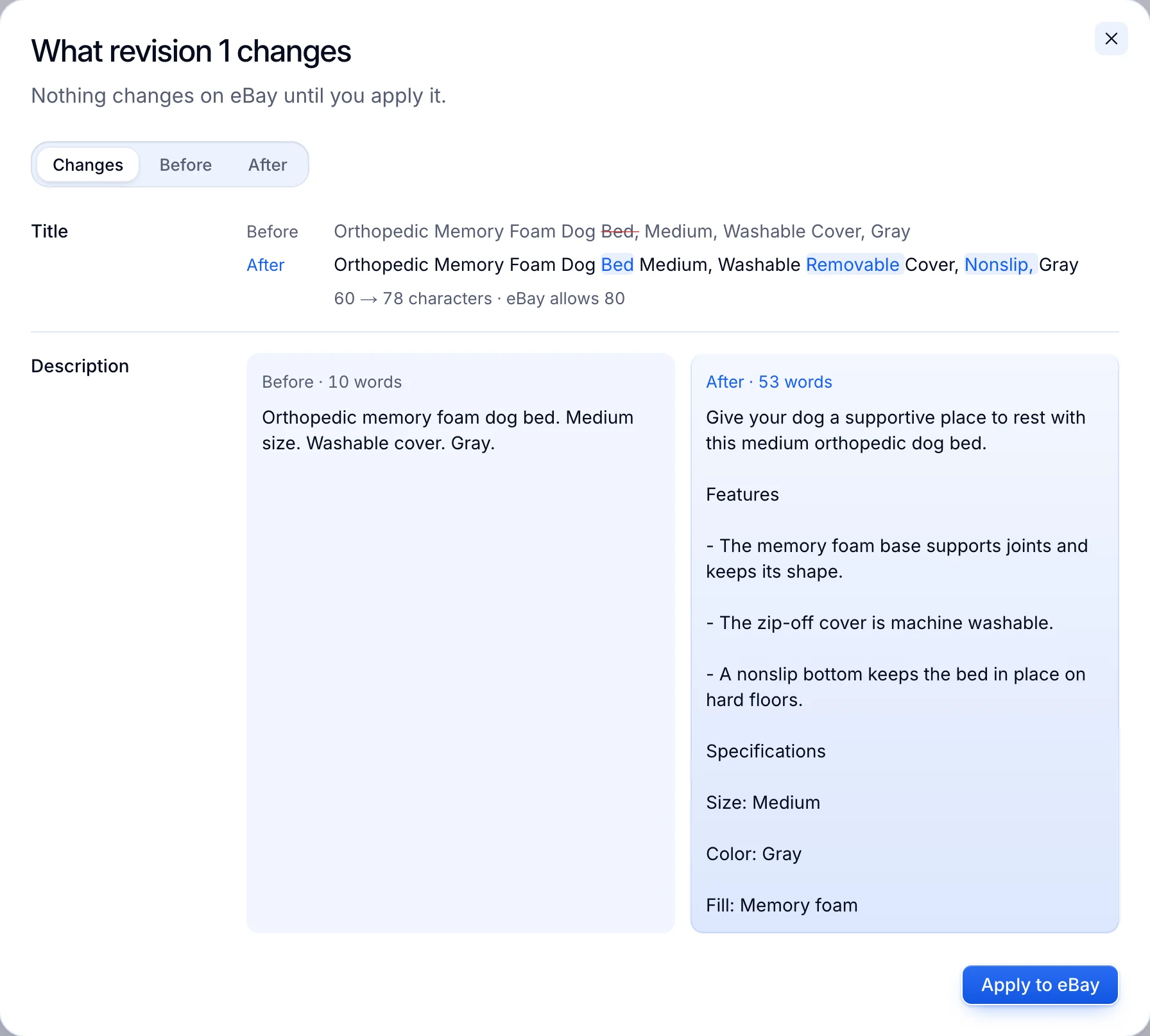 What revision 1 changes: the dog bed’s title and description, before and after, with Apply to eBay.