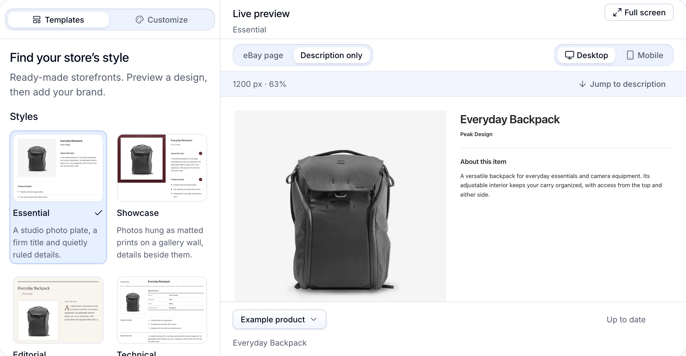 The template studio: style cards beside a live preview of an Everyday Backpack listing in the Essential design.