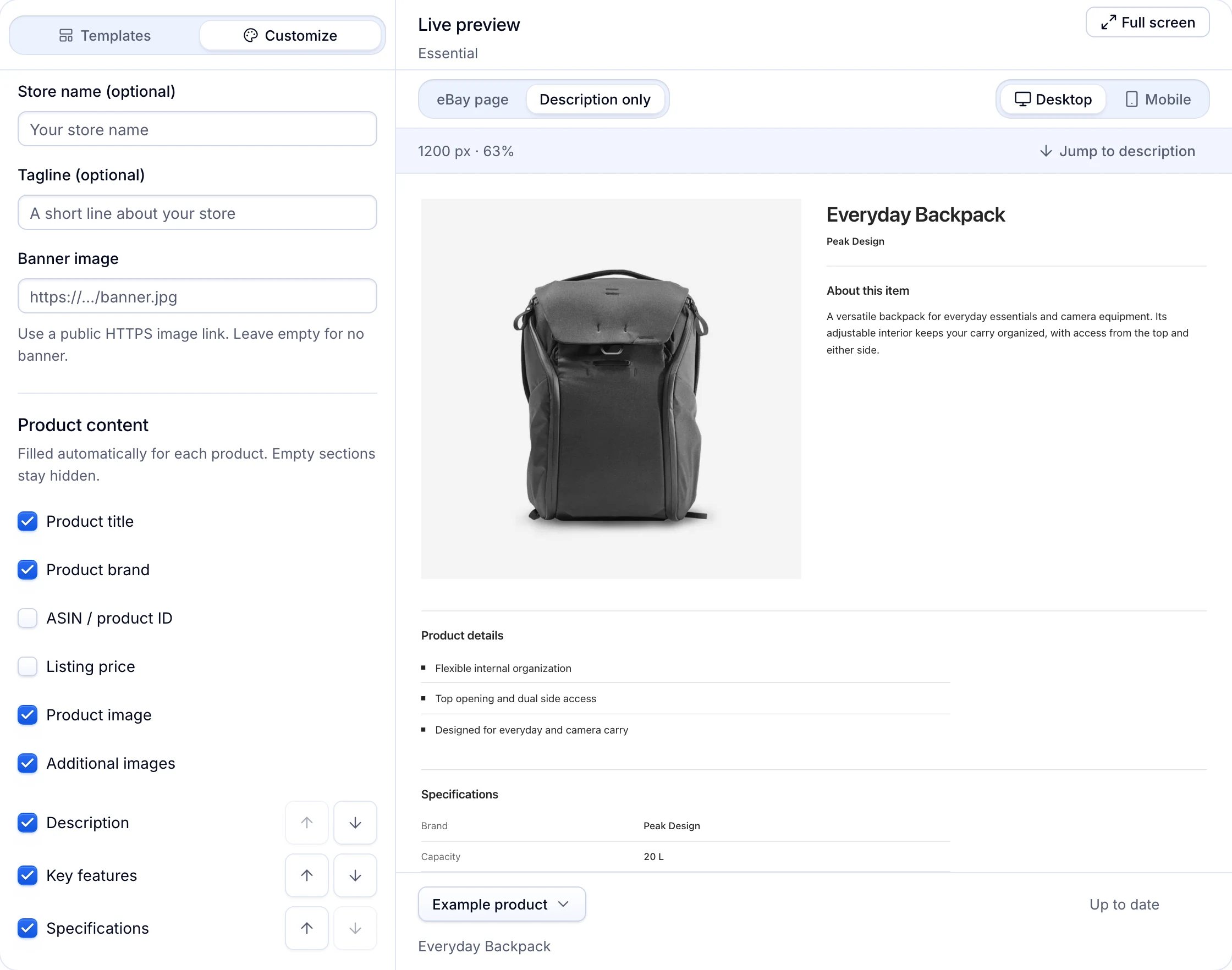 The Customize panel’s Product content list: title, brand and images checked, ASIN and price unchecked, the three sections in order, beside the live preview.