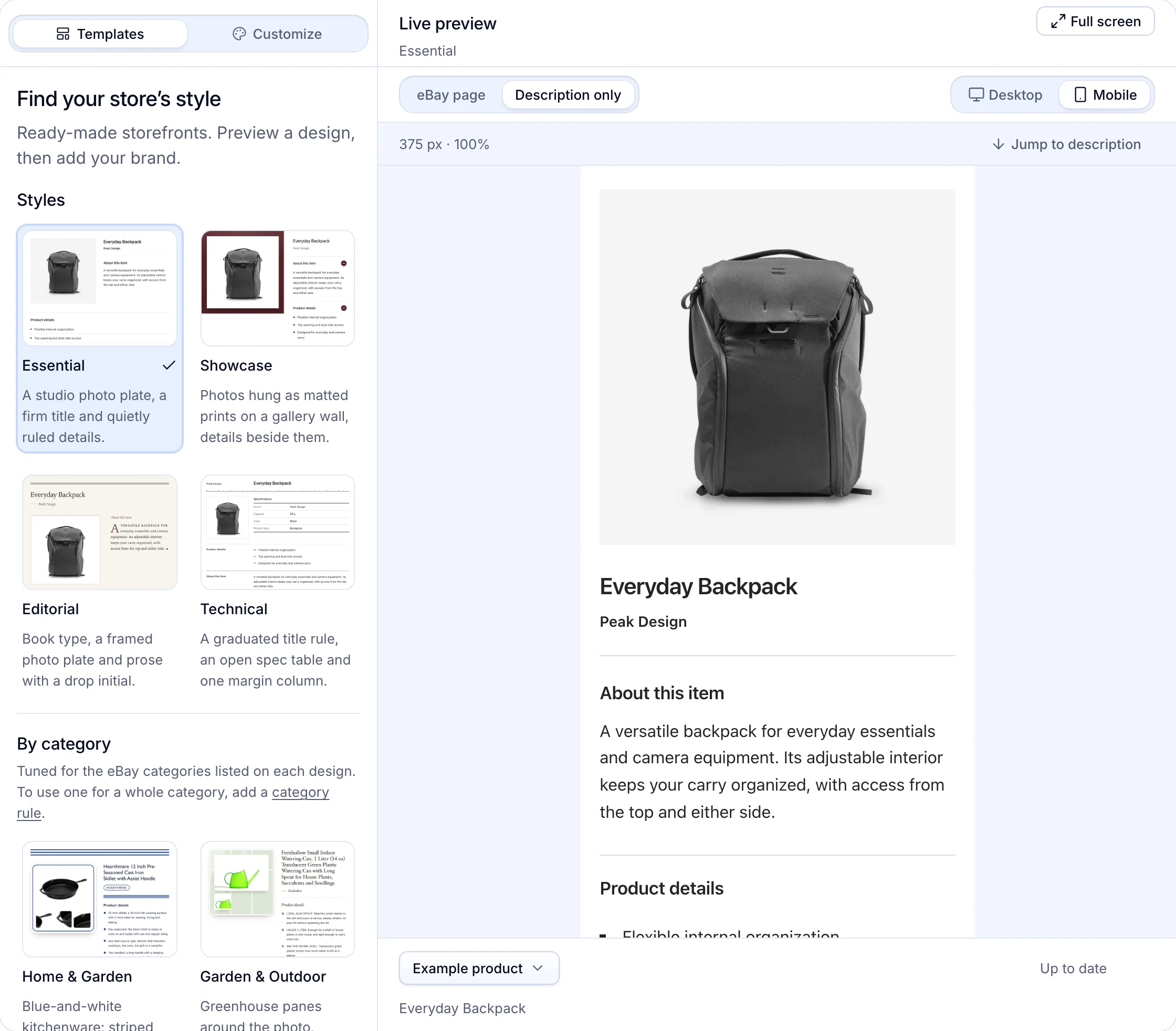 The live preview set to Mobile: the Everyday Backpack listing at 375 px beside the style cards.