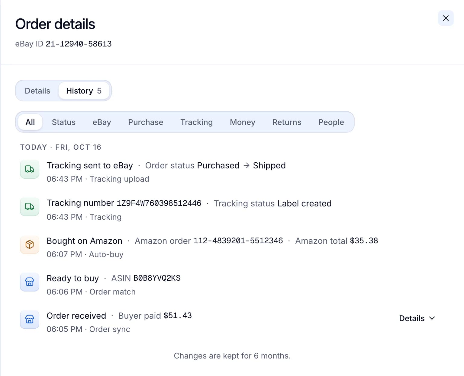 An order’s history: received, ready to buy, bought on Amazon, a tracking number assigned and sent to eBay.