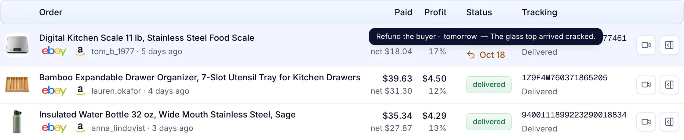 Delivered orders, one with an open return: refund the buyer, the deadline and the buyer’s comment.