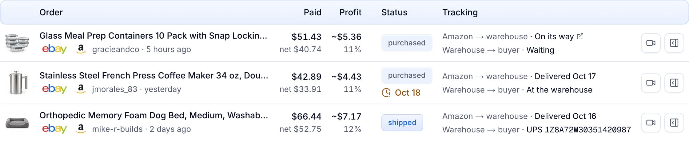 Orders through the warehouse: one on its way to the warehouse, one at the warehouse, one shipped to the buyer with UPS.
