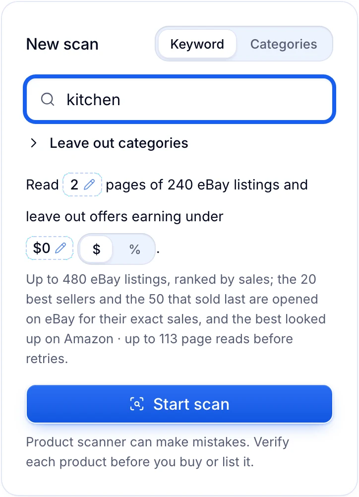 Productivo New scan form: search keyword, pages to read, minimum-profit filter and estimated page reads above the Start scan button.