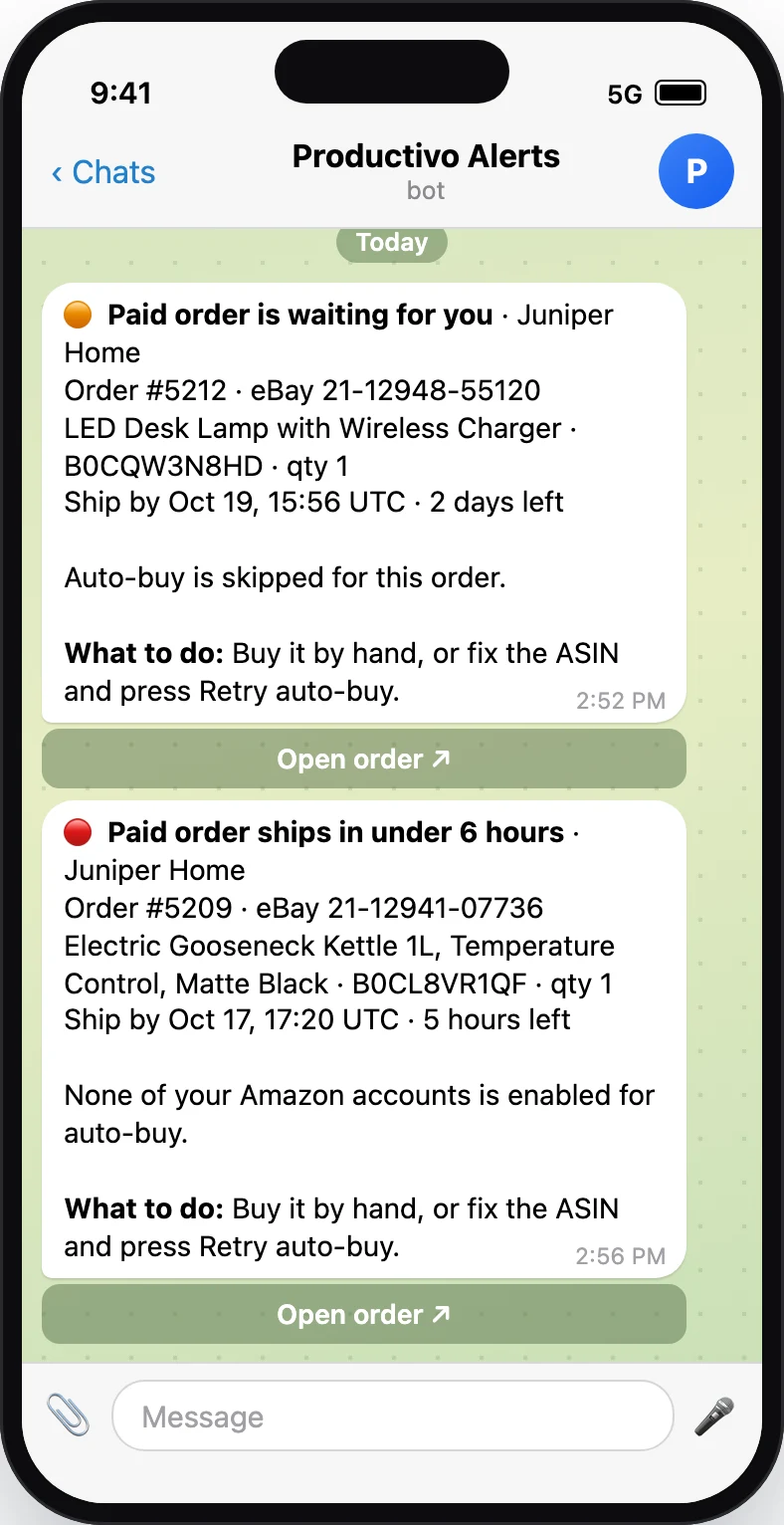 Telegram on a phone: a paid order waiting for you, and another that ships in under 6 hours, each with what to do.