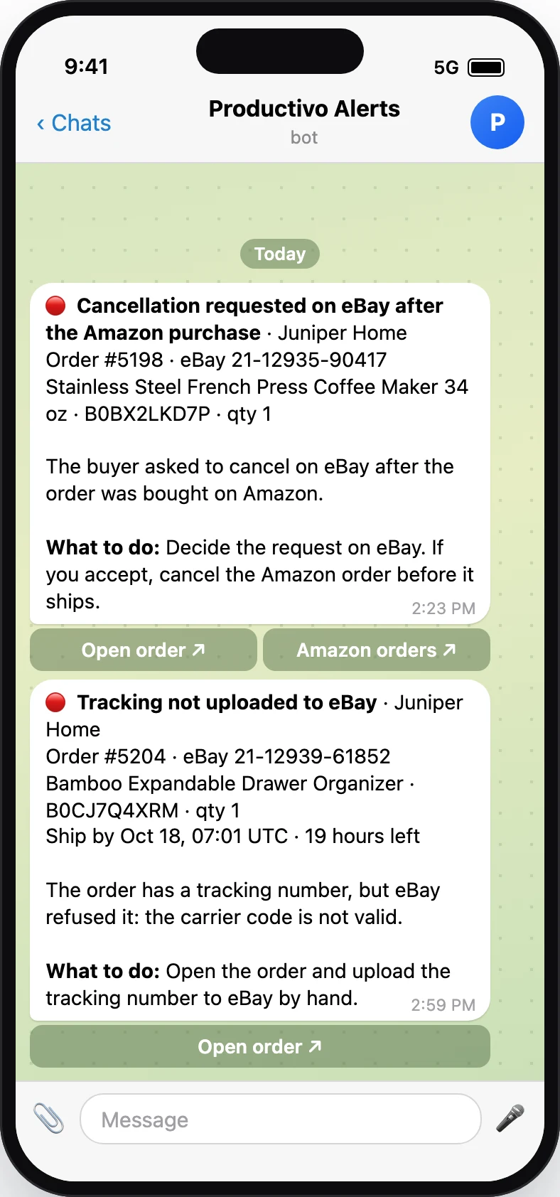 Telegram on a phone: a buyer asked to cancel after the Amazon purchase, and a tracking number eBay refused, each with what to do.