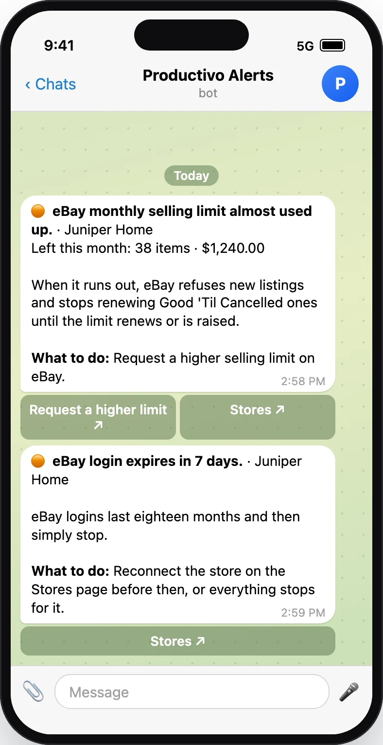 Telegram on a phone: the eBay selling limit almost used up, and a store login that expires in 7 days.