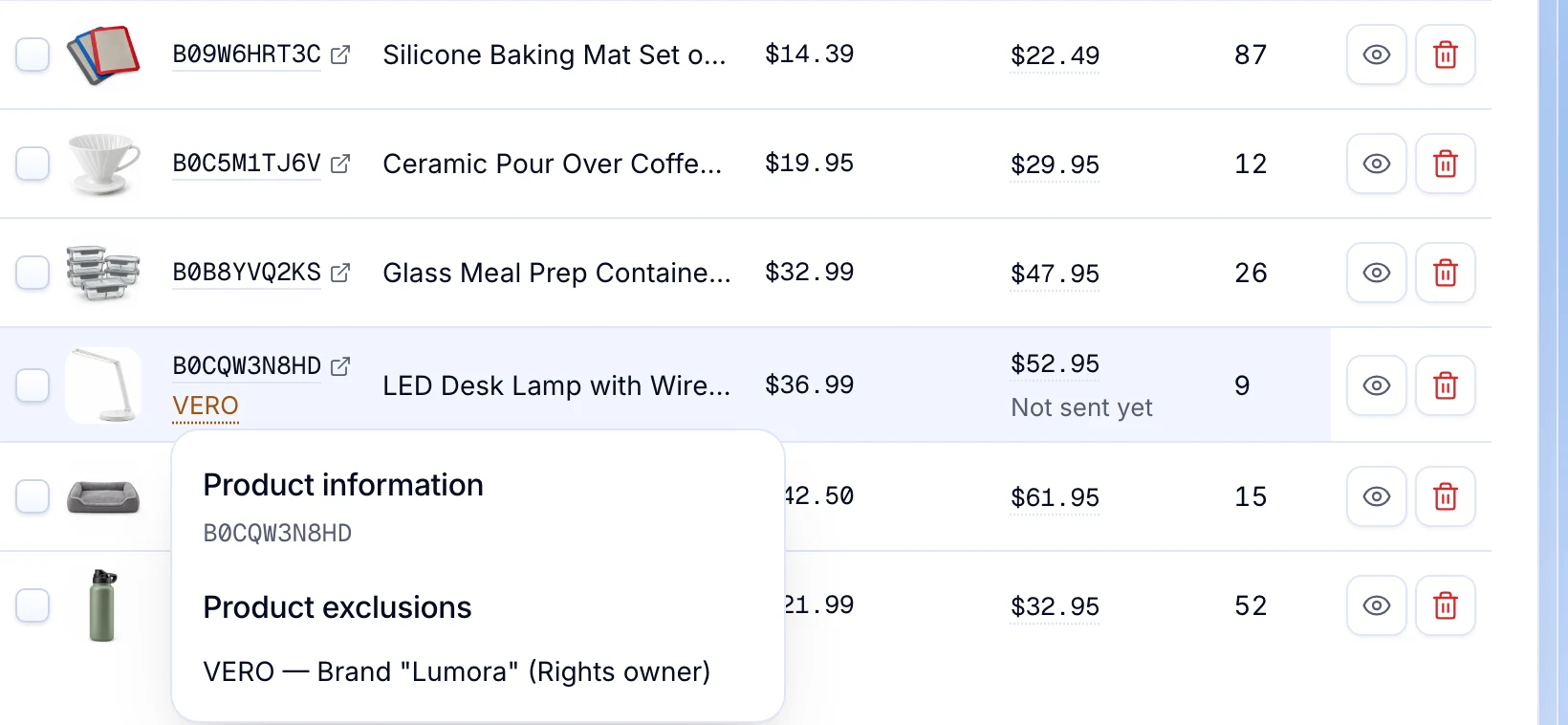 The LED desk lamp marked VERO in Products: its brand Lumora is on the blacklist, so it is not listed.