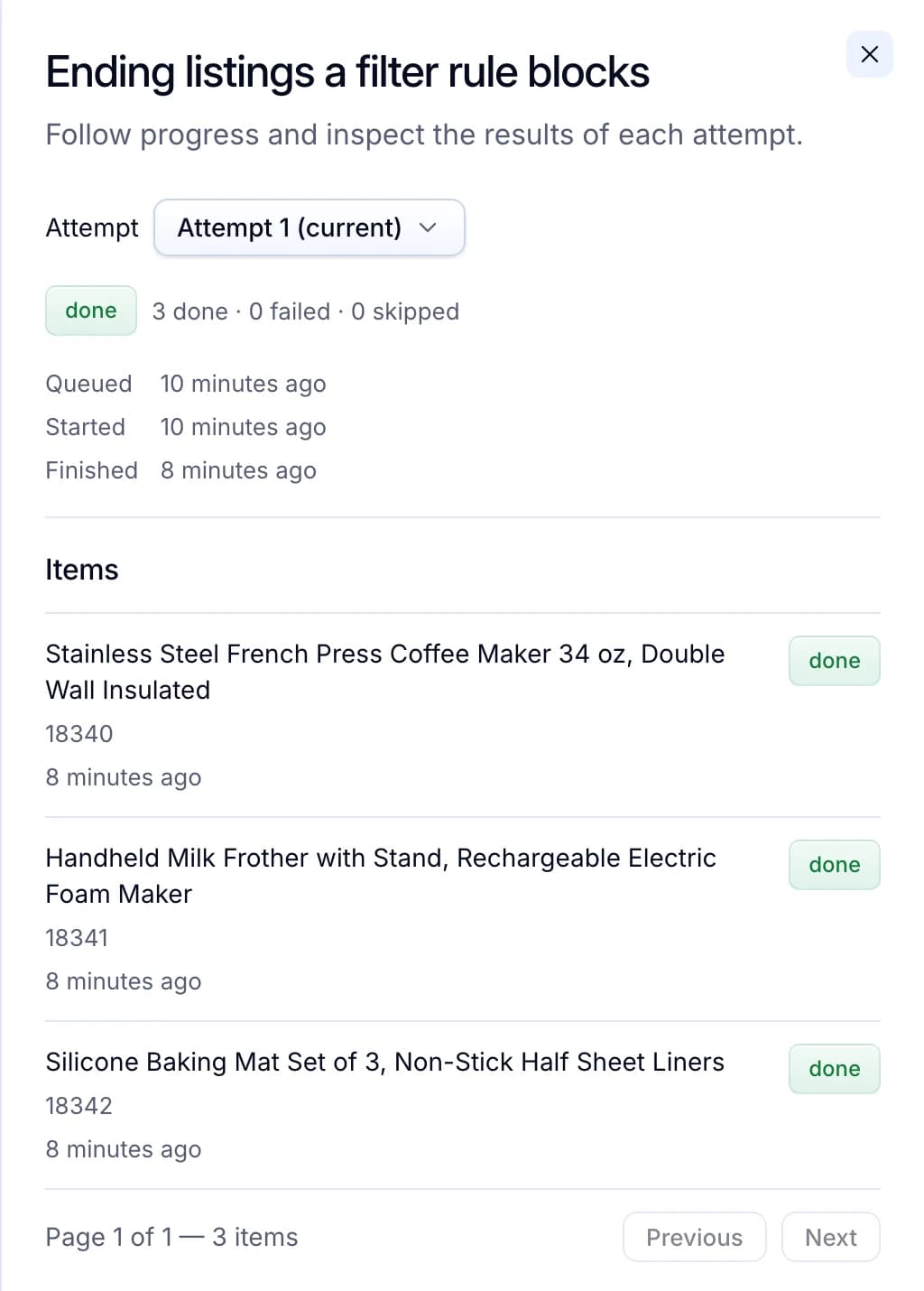 Activity: a job ending three listings a filter rule blocks, each named by its product.