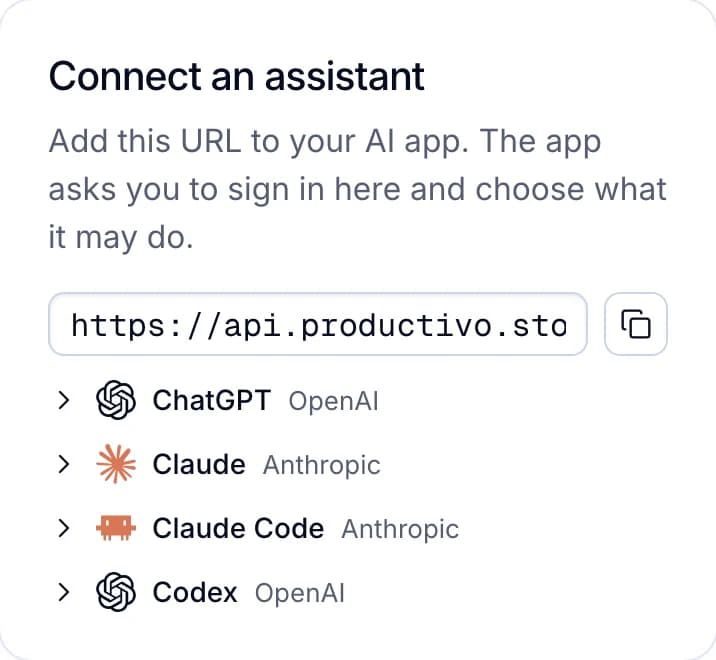 Connect an assistant: the address https://api.productivo.store/mcp, with steps for ChatGPT, Claude, Claude Code and Codex.
