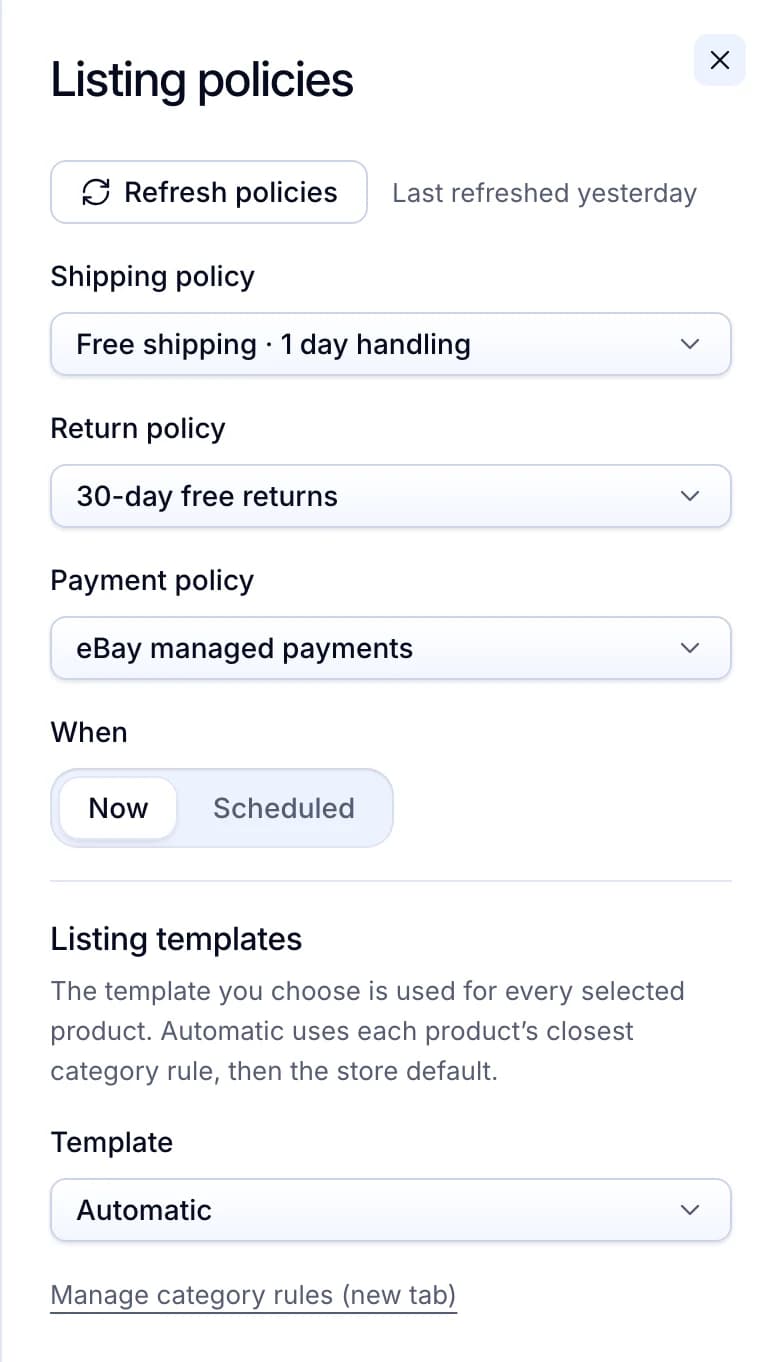 Productivo Listing policies panel: a shipping policy with free shipping and 1-day handling, 30-day free returns, eBay managed payments, list now or scheduled, and the listing template.