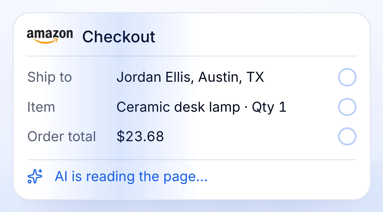 Amazon’s checkout for order #1048 while AI reads the page: shipping to Jordan Ellis in Austin, a ceramic desk lamp, $23.68 in total.