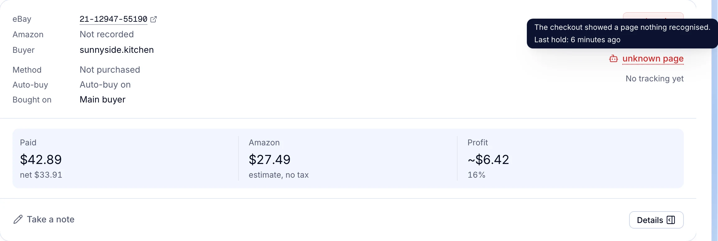 An order held by Auto Buy: the checkout showed a page nothing recognised, 6 minutes ago.