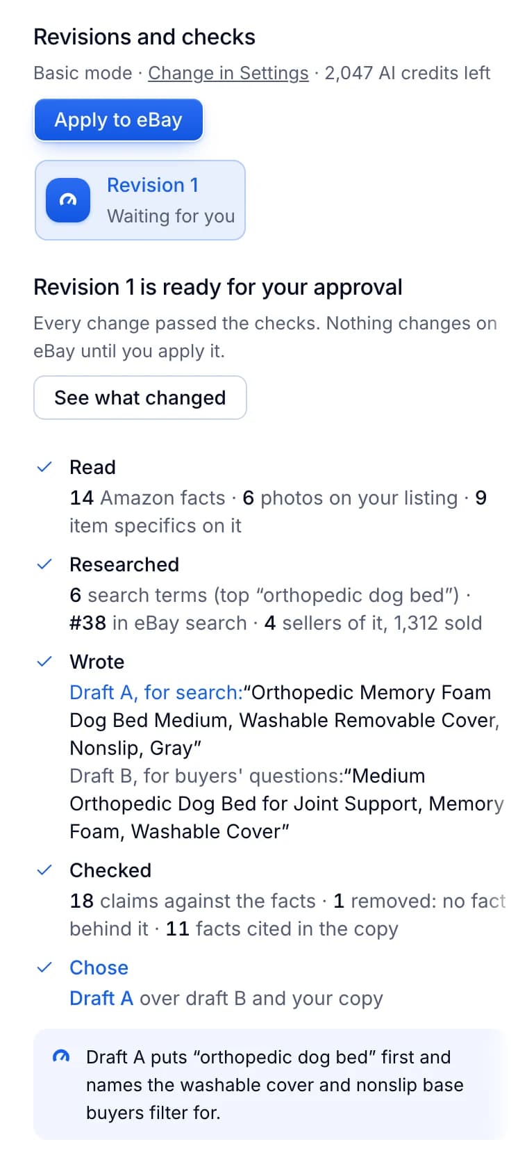 Productivo Optimizer: revision 1 of a dog bed listing ready for approval, with the facts read, the search terms researched, two title drafts, the claims checked and draft A chosen.
