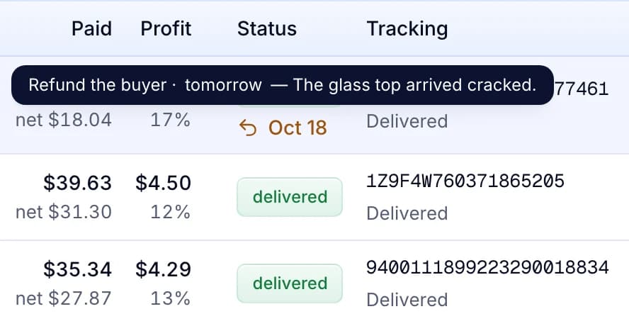 Delivered orders, one with an open return: refund the buyer by tomorrow, and the buyer’s comment that the glass top arrived cracked.