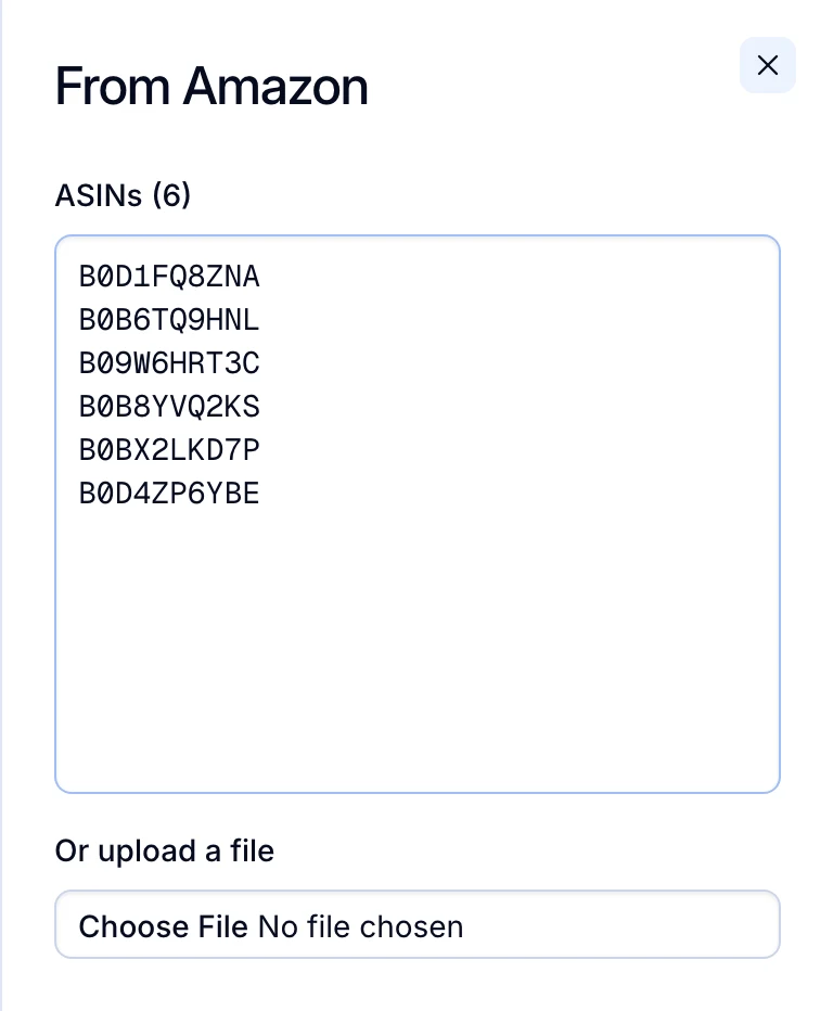 The From Amazon panel with six ASINs pasted.
