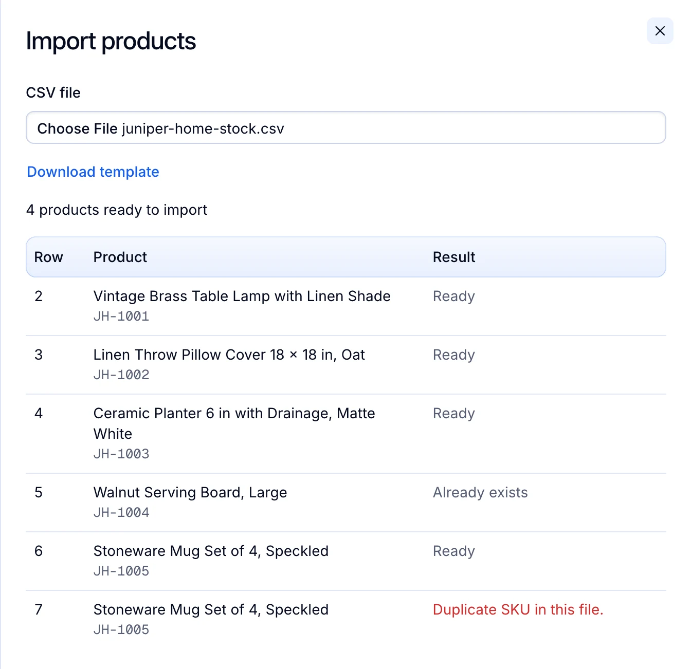 The CSV preview: four products ready to import, one that already exists and one refused as a duplicate SKU.