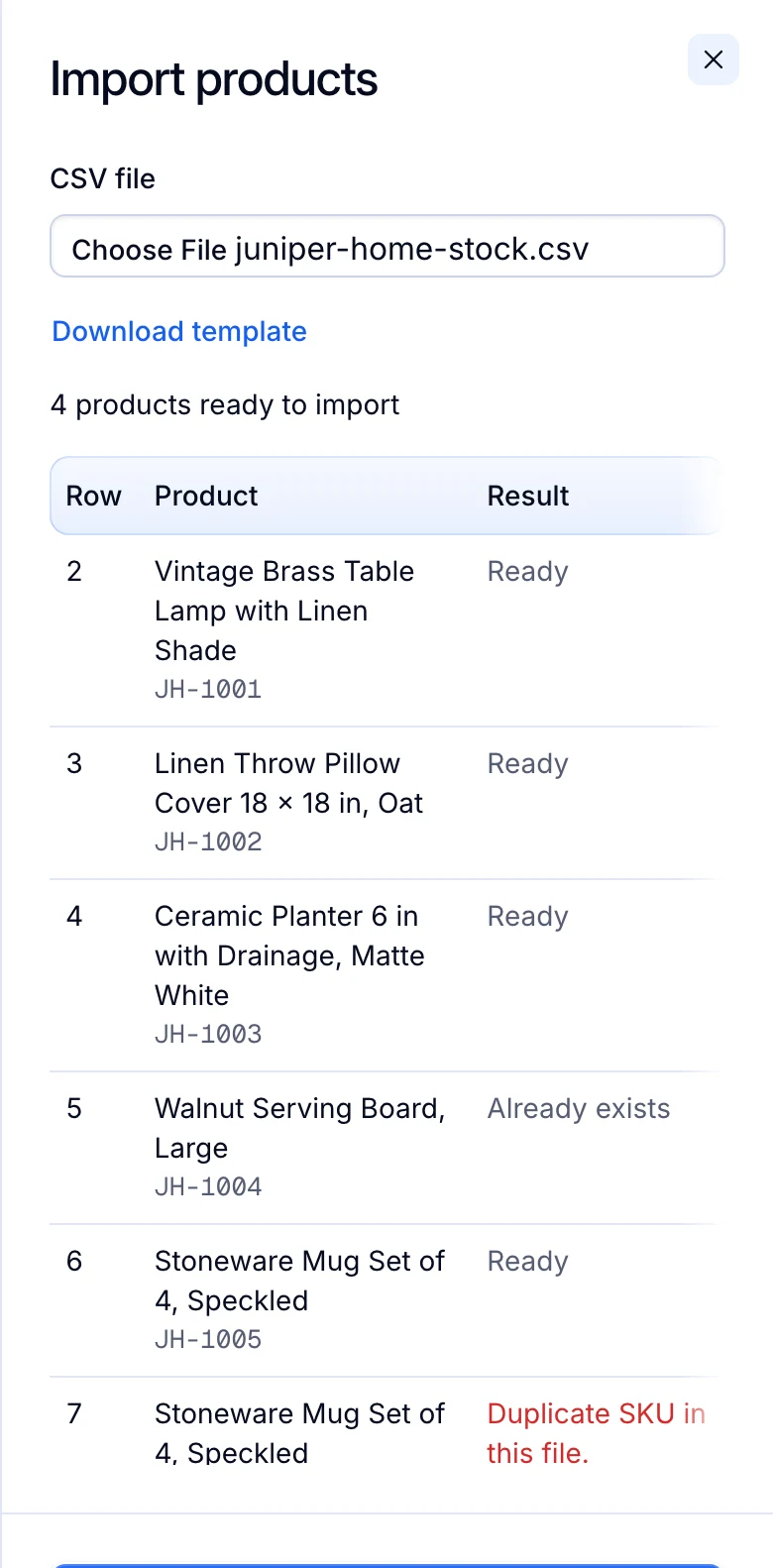 Productivo Import products window for a CSV file: four products ready to import, one that already exists and one refused as a duplicate SKU.