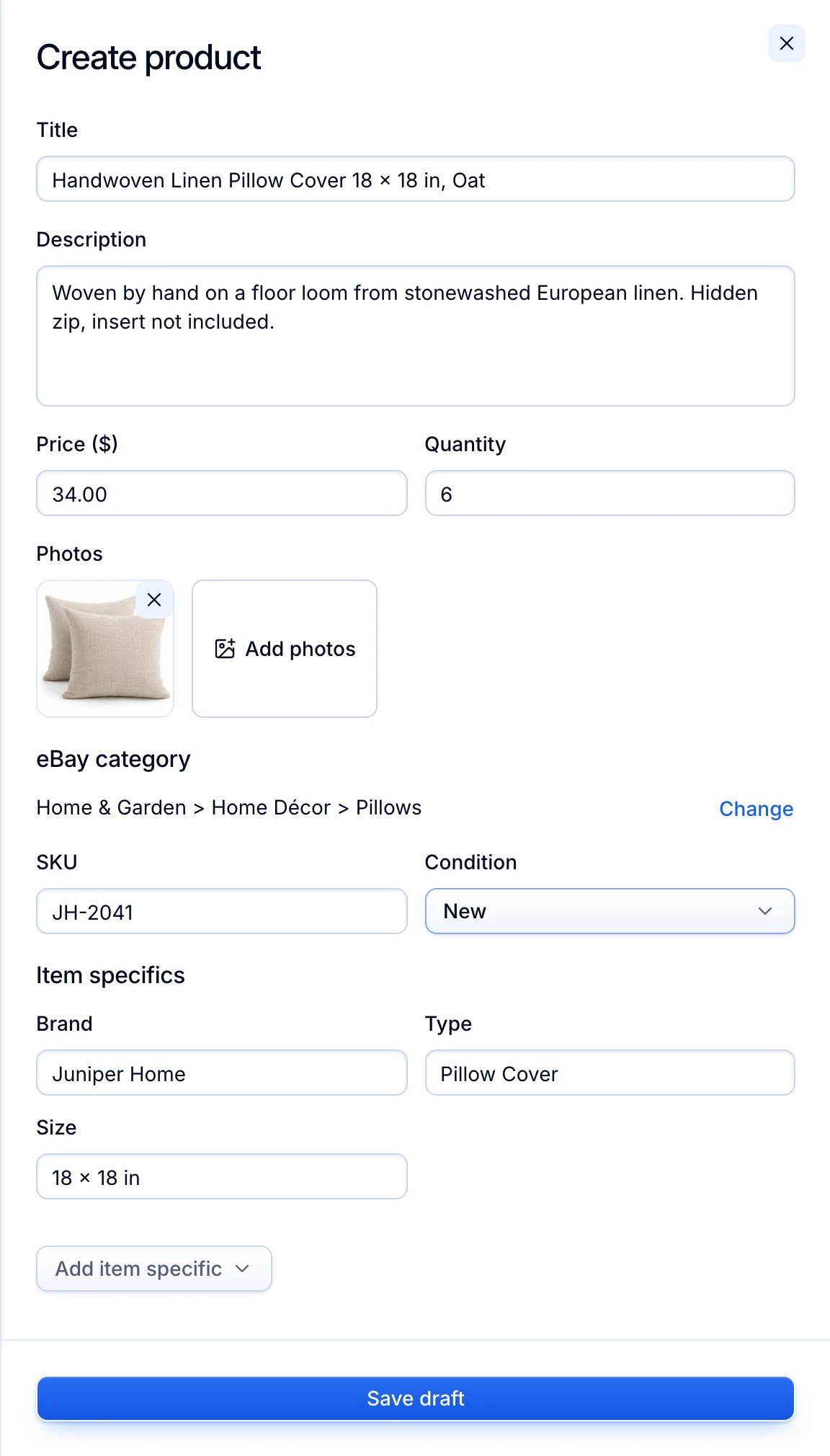 The Create product form: a handwoven linen pillow cover with its photo, price, quantity, eBay category and item specifics.