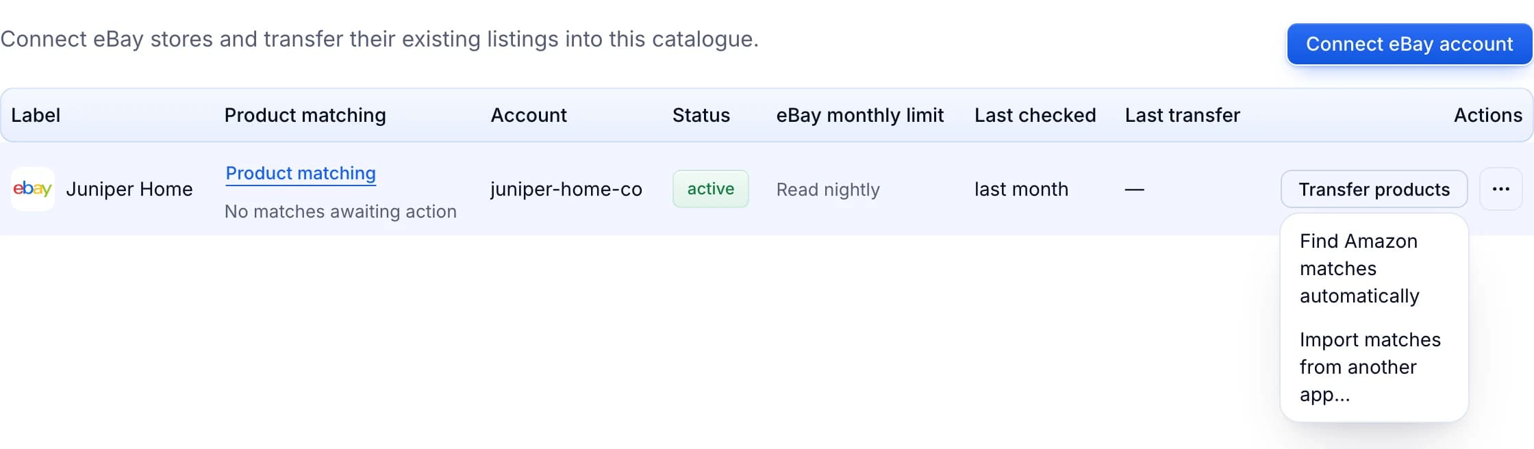 The Stores page with Transfer products open: Find Amazon matches automatically, or Import matches from another app.