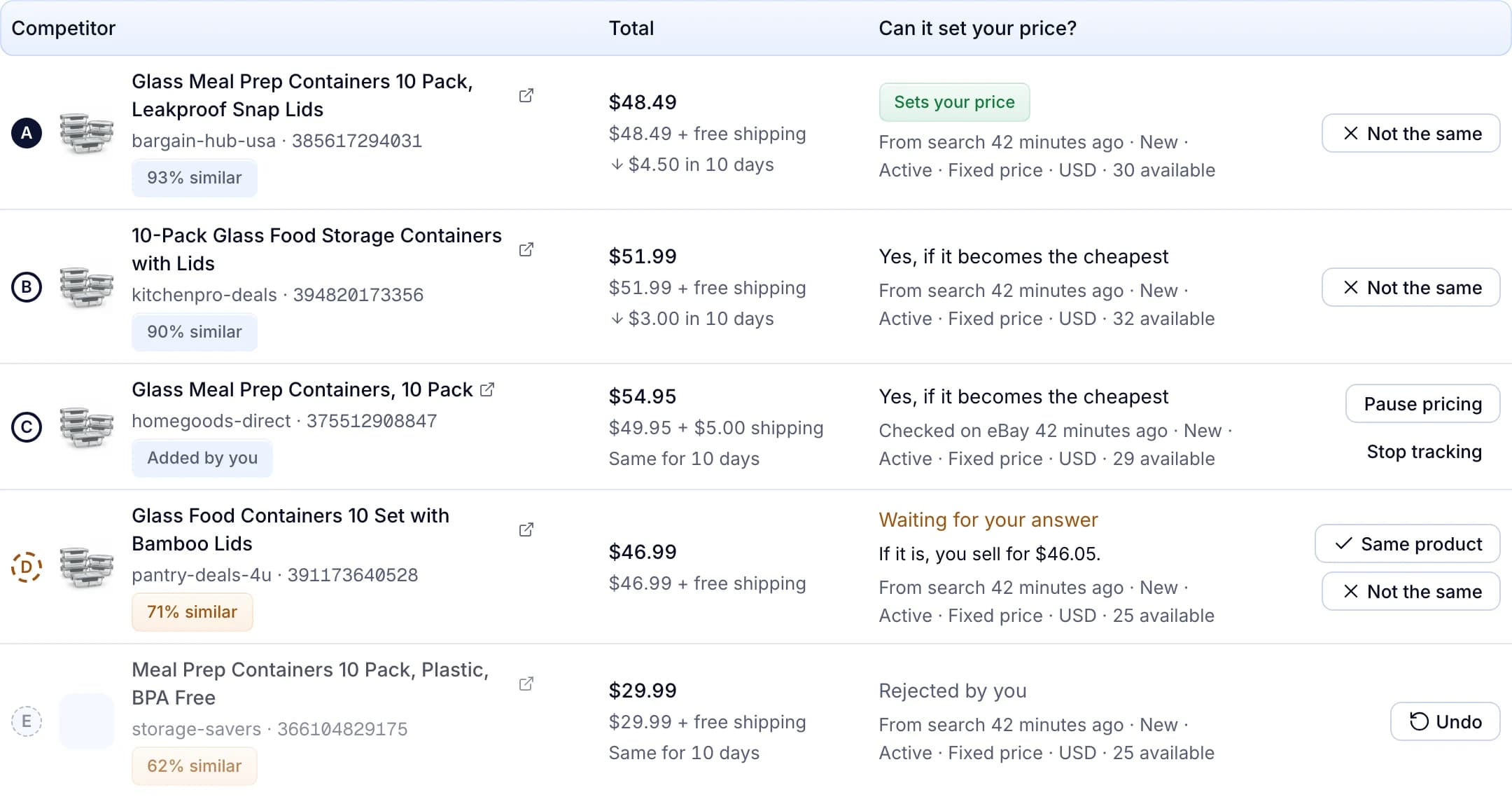 Competitors of glass meal prep containers: two at 93% and 90% similar that can set the price, one at 71% waiting for your answer and one you rejected.