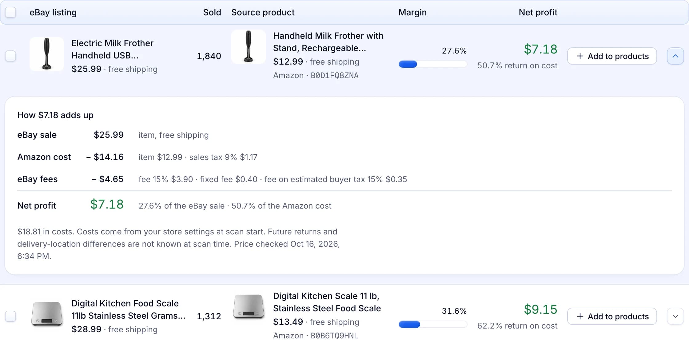 Illustrative scan results showing an eBay milk frother, an Amazon offer and an expanded estimated cost breakdown. These are example values.