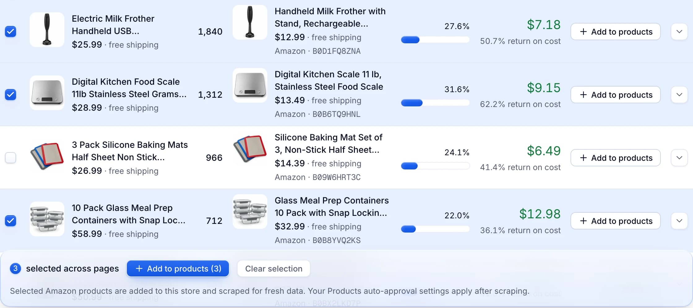 Three selected scan results and the Add to products (3) button.