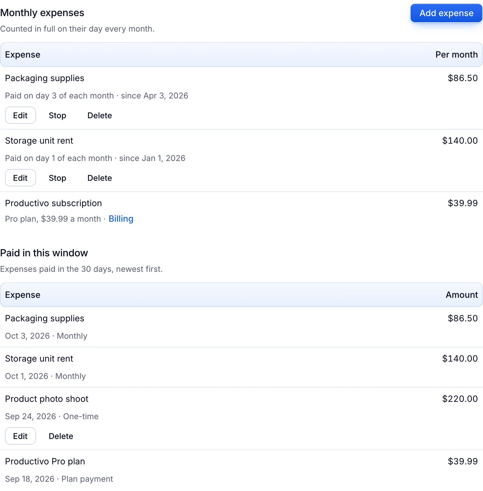 The Expenses tab: packaging at $86.50 and storage at $140.00 a month, the Productivo subscription, and this window’s payments.
