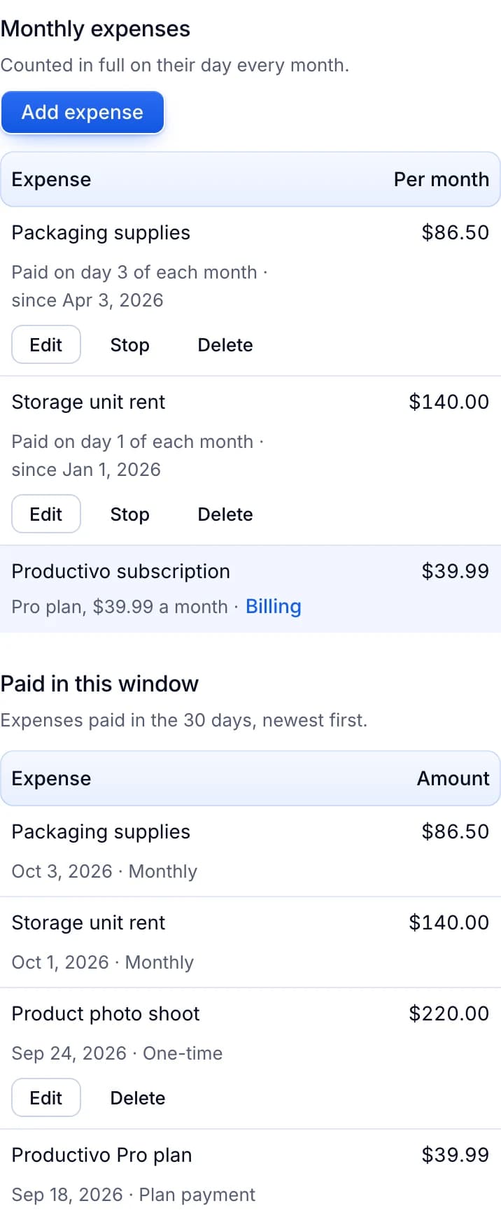Productivo Reports, Expenses tab: packaging supplies at $86.50 and storage unit rent at $140.00 a month, the Productivo subscription, and the payments in this window.