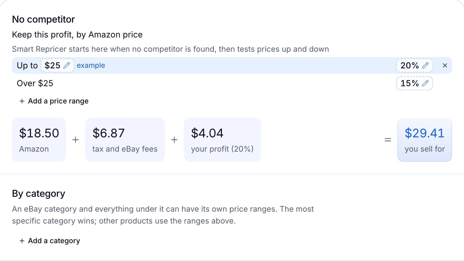 Profit bands: 20% profit up to $25 and 15% over it. An $18.50 Amazon product with $6.87 in tax and eBay fees sells for $29.41.