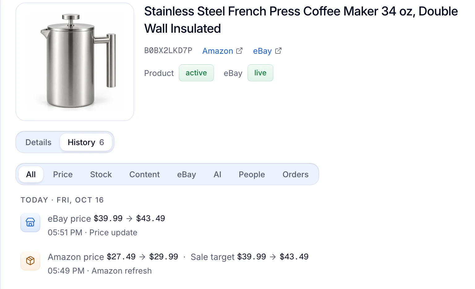 A French press’s history: Amazon price $27.49 to $29.99, sale target $39.99 to $43.49, then the eBay price updated to $43.49.