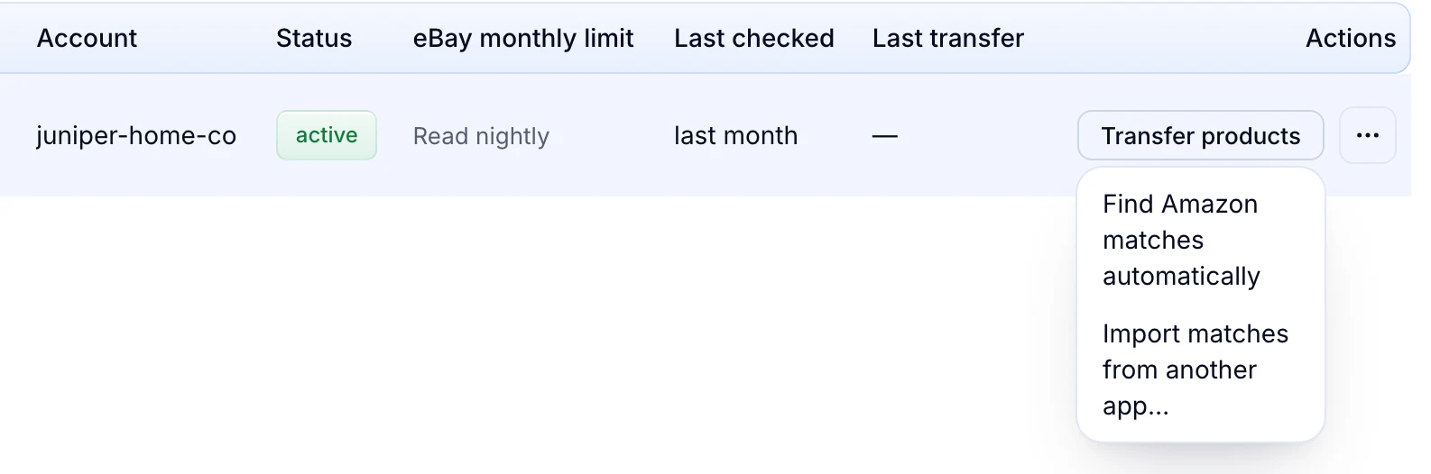 Stores: the juniper-home-co account active, with Transfer products open on Find Amazon matches automatically and Import matches from another app.