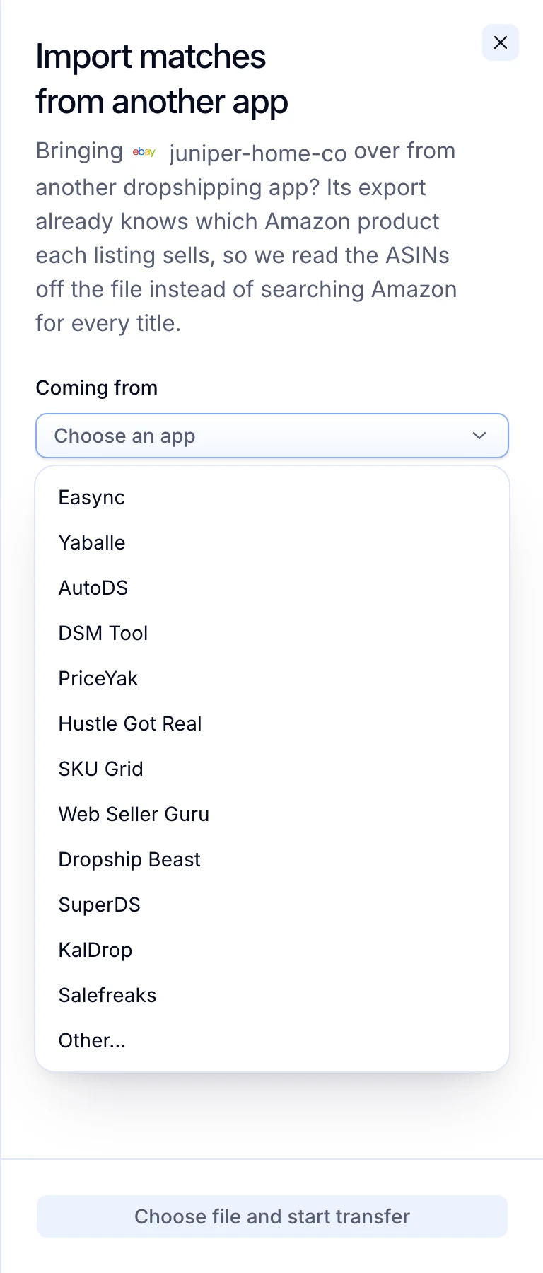 Import matches from another app, with the Coming from list of dropshipping apps open.
