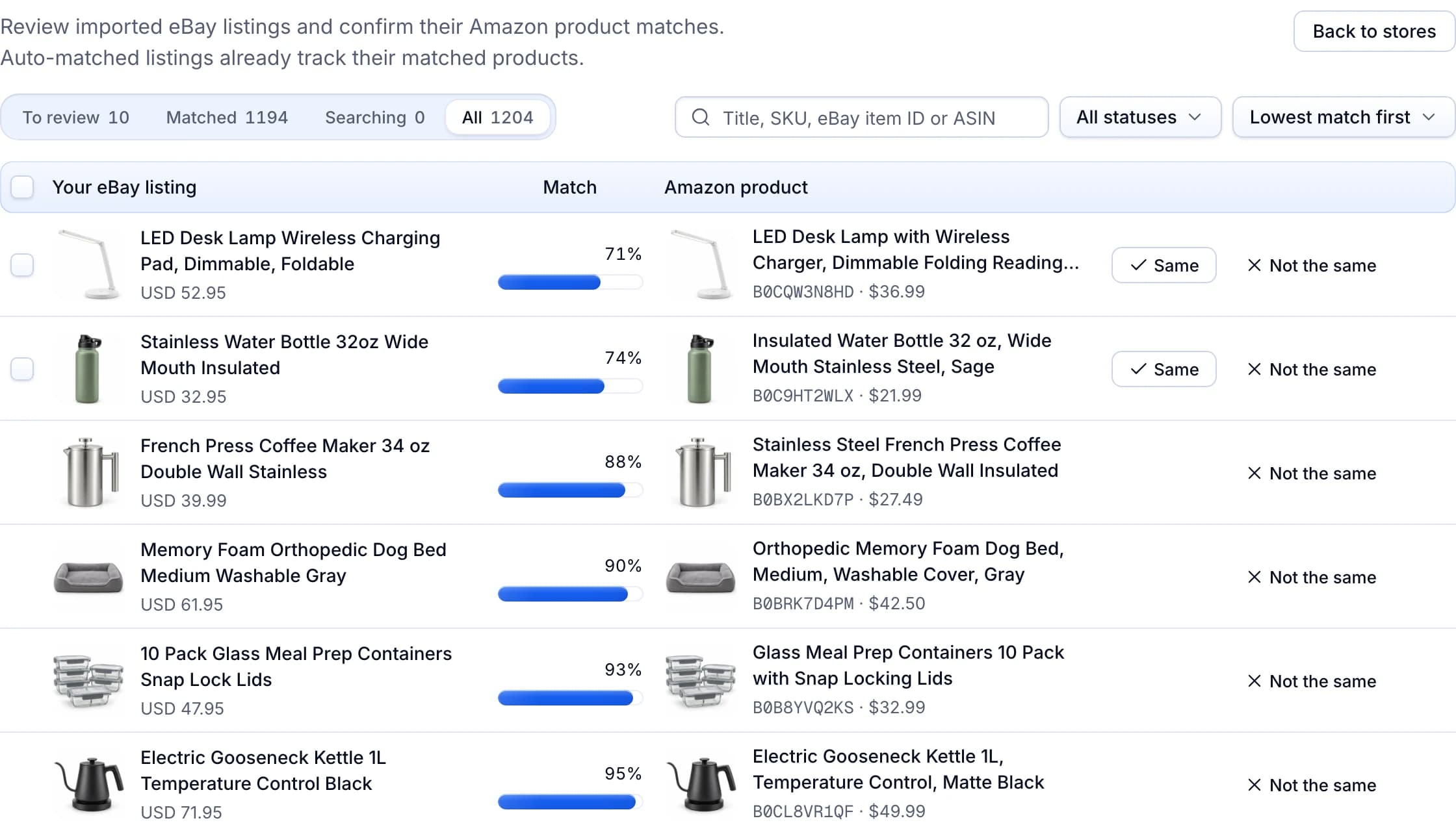 Product matching: 1,204 transferred listings, each beside its Amazon product with a match score, two waiting for review.