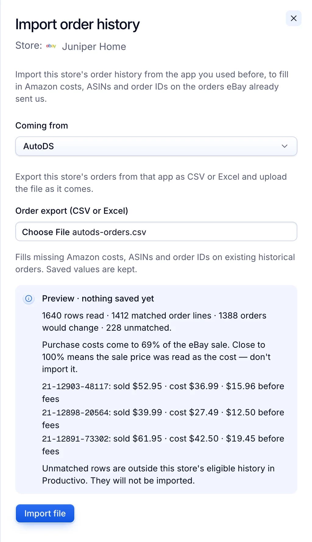 Import order history for Juniper Home with AutoDS chosen: the preview reads 1,640 rows, 1,412 matched order lines and three example orders with their sale and cost.